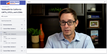 A screenshot of a telehealth course video interface showing Ben Caldwell wearing glasses and a light blue shirt speaking, with a course navigation sidebar on the left labeled High Pass Education and Telehealth for California LMFTs, LPCCs, and LCSWs.